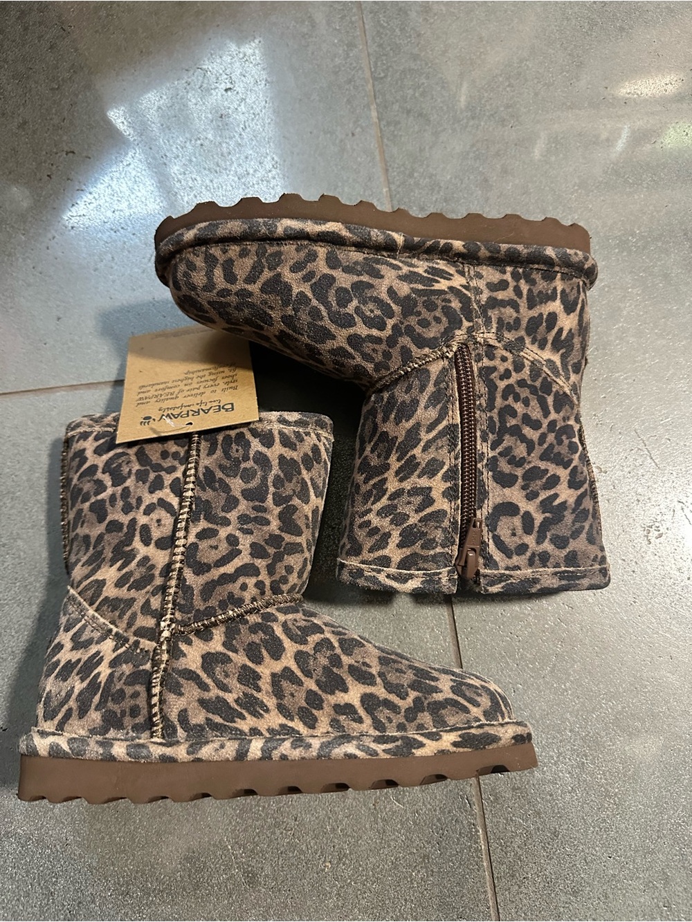 Bearpaw 11c Girls Elle Zip Up Leopard Boots Leather Wool